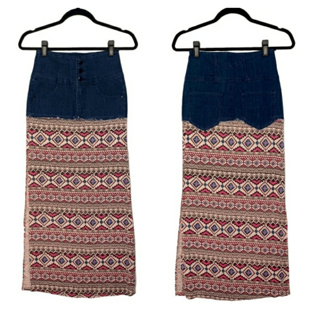 FOREVER 21 Tribal Pink Blue Stripe Print Dark Blue Denim Side Slit Skirt XS